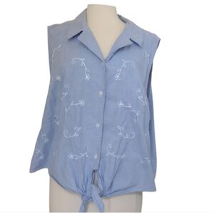 Sleeveless Chambray Top 3X Embroidered Blue White Tie Front Fashion Bug